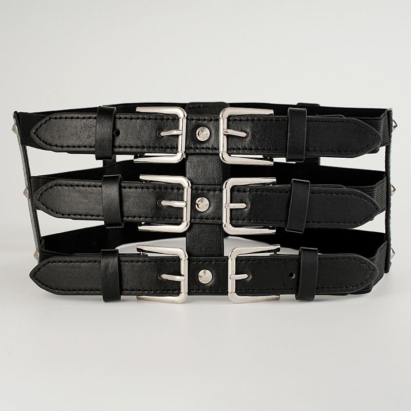 New three row pin buckle rivet belt decorated windbreaker shirt dark punk style elastic wide waist seal for women_voghion.com