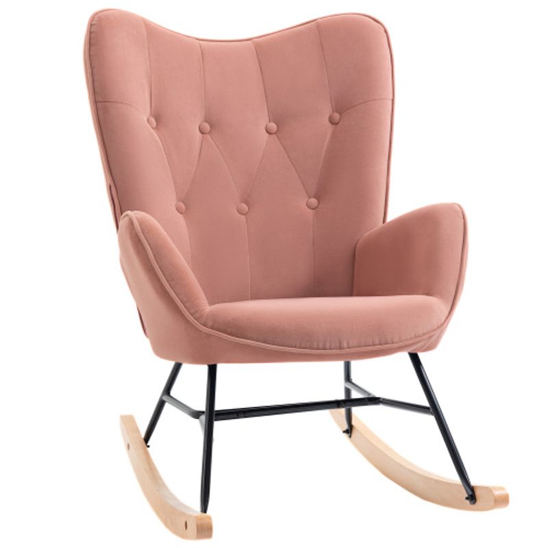 HOMCOM Still-Schaukelstuhl Für Schlafzimmer Wohnzimmer, Hohe Rückenlehne, Stahlrahmen, Samtartiges Polyester, Gummiholz, 84x70x96cm, Rosa_voghion.com