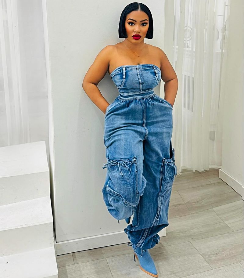 Women's Clothing Tube Top Jumpsuit Fashion New Loose Drawstring Denim Jumpsuit_voghion.com