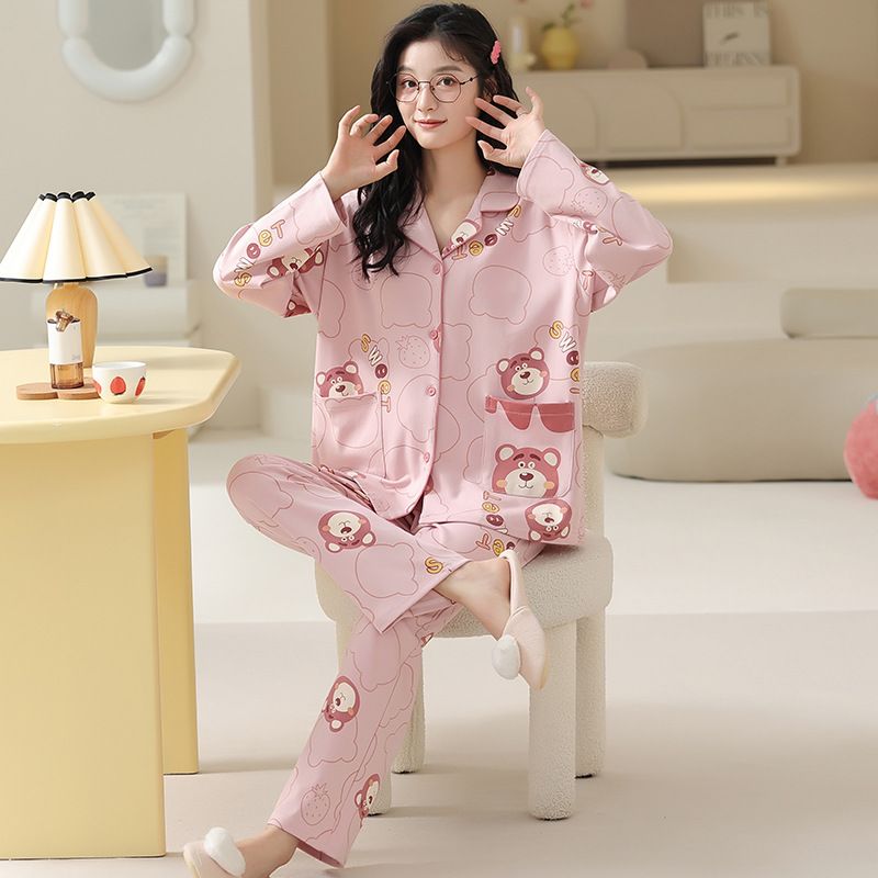 Spring Women's Pure Cotton Long sleeved Cardigan Cartoon Pajama Set Cute Girl Home Clothes Can be worn outside in Autumn_voghion.com