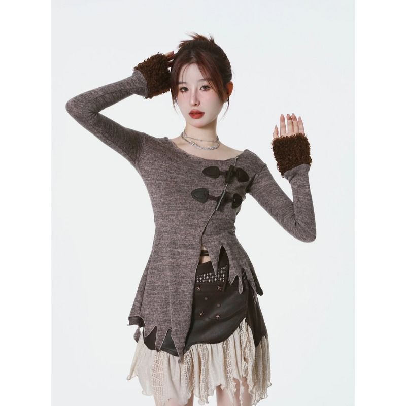 CHEERART Vintage Slash Neck Gestrickte Top Und Bluse Frauen Pelz Langarm Asymmetrische Top Designer Mode 2023 Herbst Kleidung_voghion.com