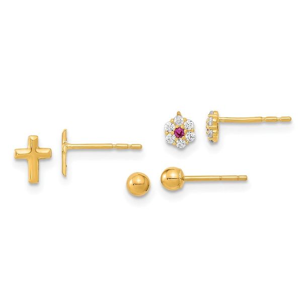 14K Polished Set Of Ball Post CZ Flowers And Cross 3 Pair Earrings Set_voghion.com
