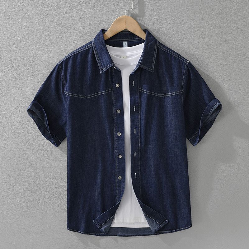Retro denim overhemd met korte mouwen, modieus en veelzijdig, artistiek en casual losvallend topje, herenkleding_voghion.com