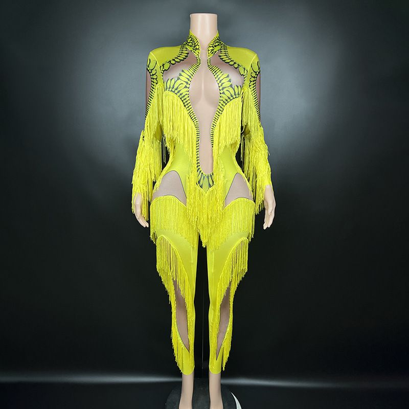 Bühnenkostüme für Sängerinnen, eng anliegender Overall mit fluoreszierendem Quastenaufdruck und langen Ärmeln_voghion.com