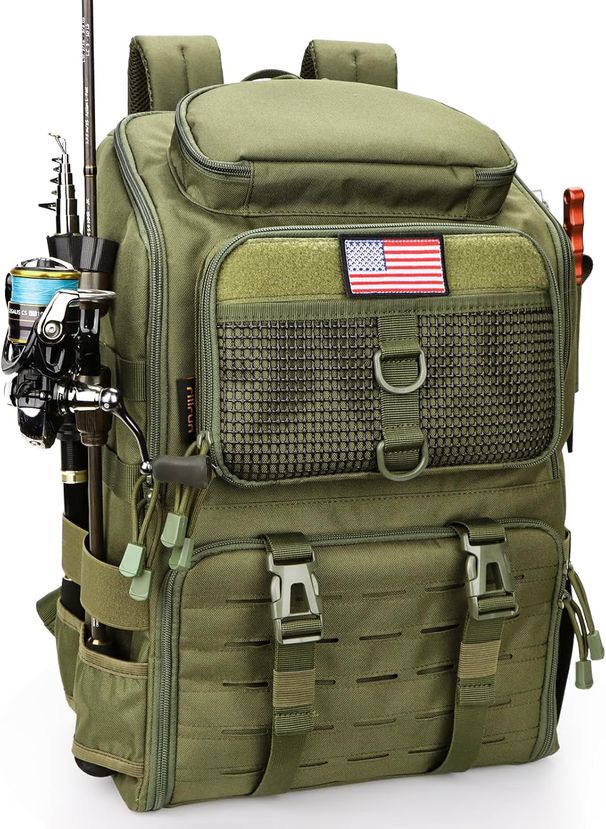 rillrun Mit Rutenhalter, Herren-Box-Rucksack, 42L Große Ausrüstungstasche Store Equipment, Grüne Tarnung, Angelrucksack_voghion.com