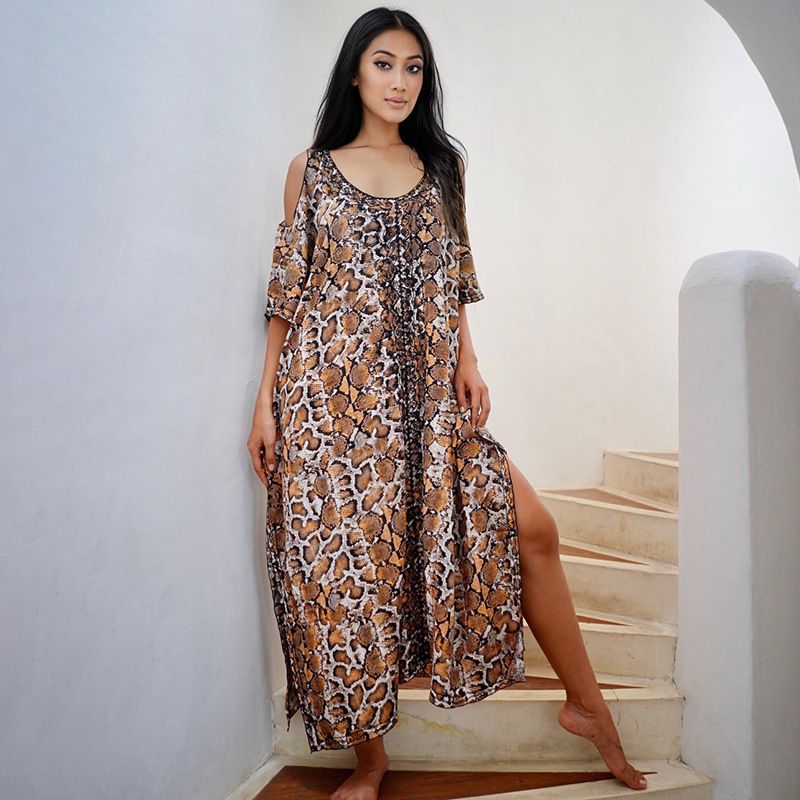 Women's Leopard Print Off-Shoulder Beach Cover Up Dress Lightweight Sun Protection Swimwear Sarong For Vacation & Pool Party_voghion.com