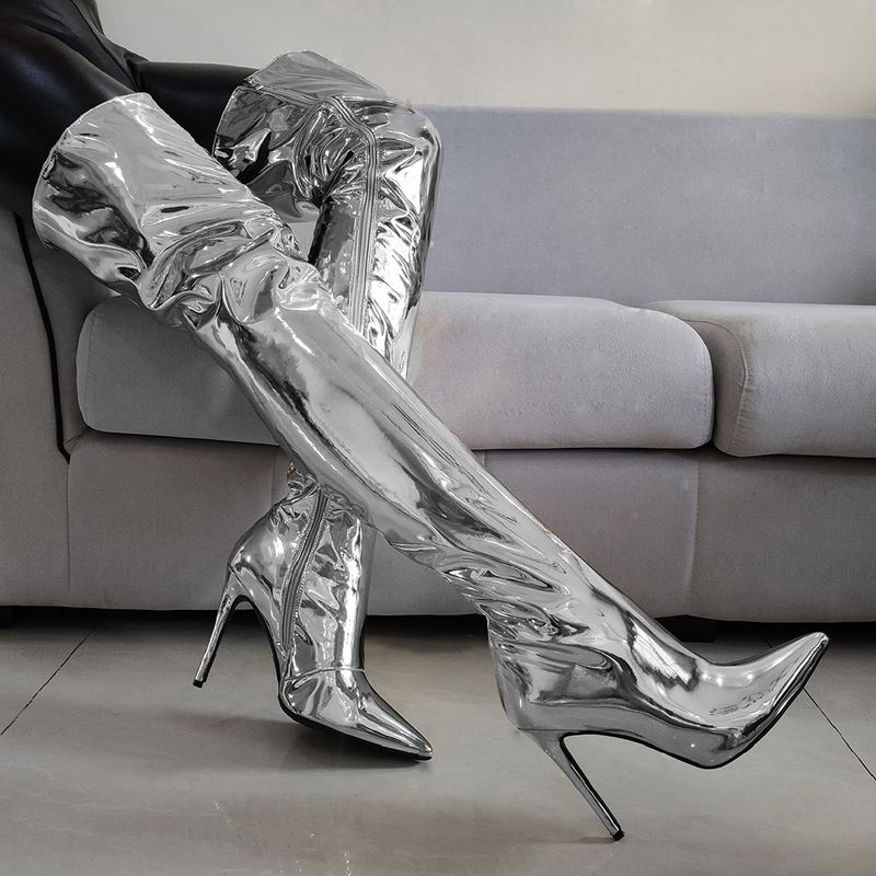 Primavera e outono novos saltos agulha acima do joelho botas de couro espelhado botas de couro envernizado tamanho grande botas femininas sapatos femininos_voghion.com