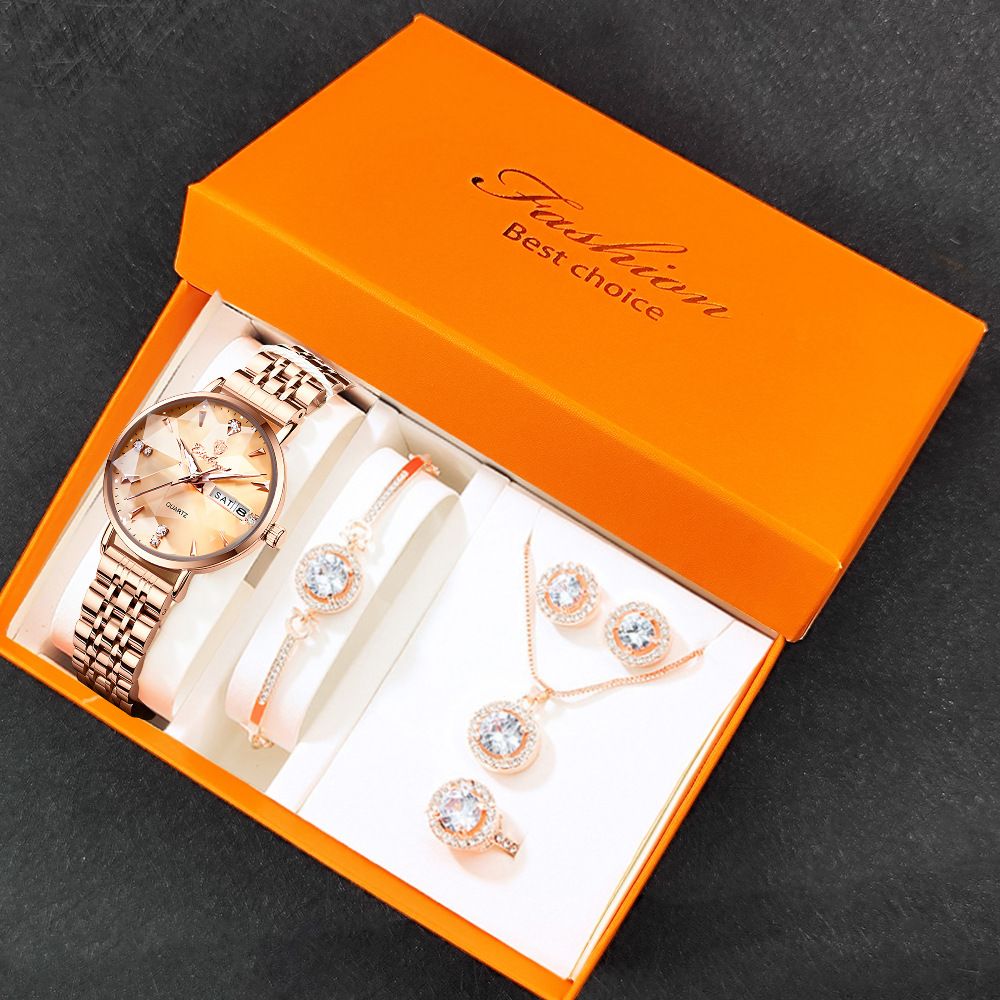 Moteriškų laikrodžių rinkinys, madingas kvarcinis apyrankės, žiedo, auskaro, karolių rinkinys_voghion.com