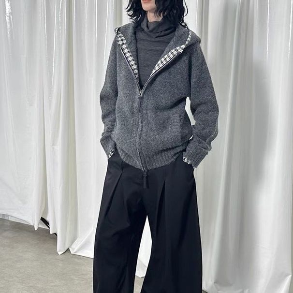 ragazza 2025 autunno inverno grigio cardigan con doppia cerniera patchwork plaid maglione con cappuccio cappotto per le donne elegante top_voghion.com