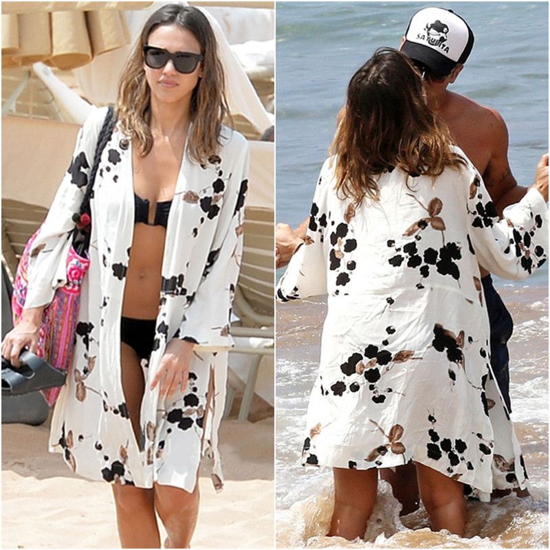 Abbigliamento da spiaggia con protezione solare per le vacanze, taglie forti, bikini, in puro cotone, bianco, con motivo stampato._voghion.com