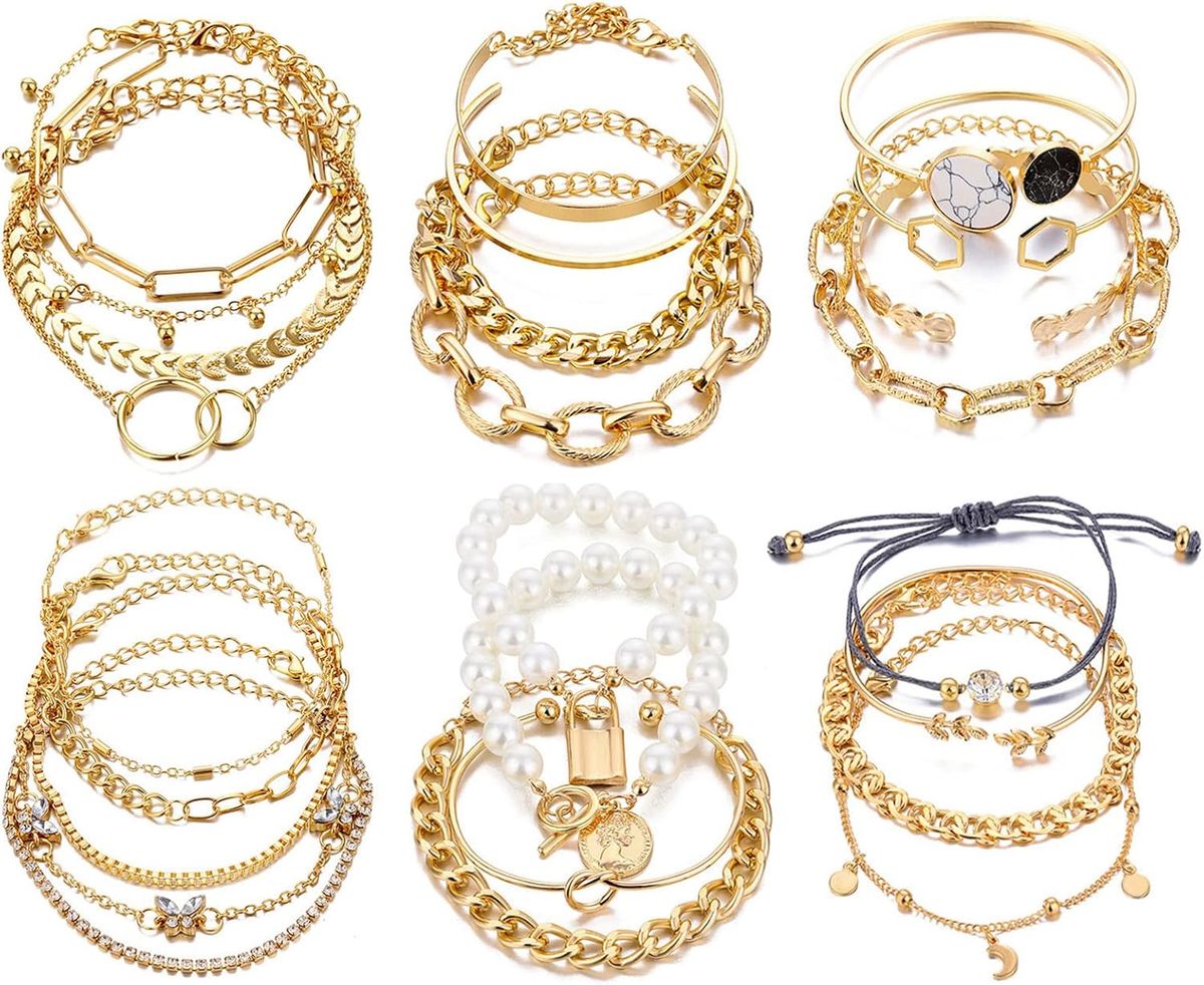 17IF 18-25 pezzi (confezione da 6) set di braccialetti in oro boho per donna, braccialetti impilabili, robusti e delicati, catena regolabile, polsino piatto, ciondolo punk cubano, gioielli_voghion.com