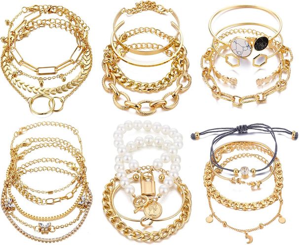 17IF 18-25 pezzi (confezione da 6) set di braccialetti in oro boho per donna, braccialetti impilabili, robusti e delicati, catena regolabile, polsino piatto, ciondolo punk cubano, gioielli_voghion.com