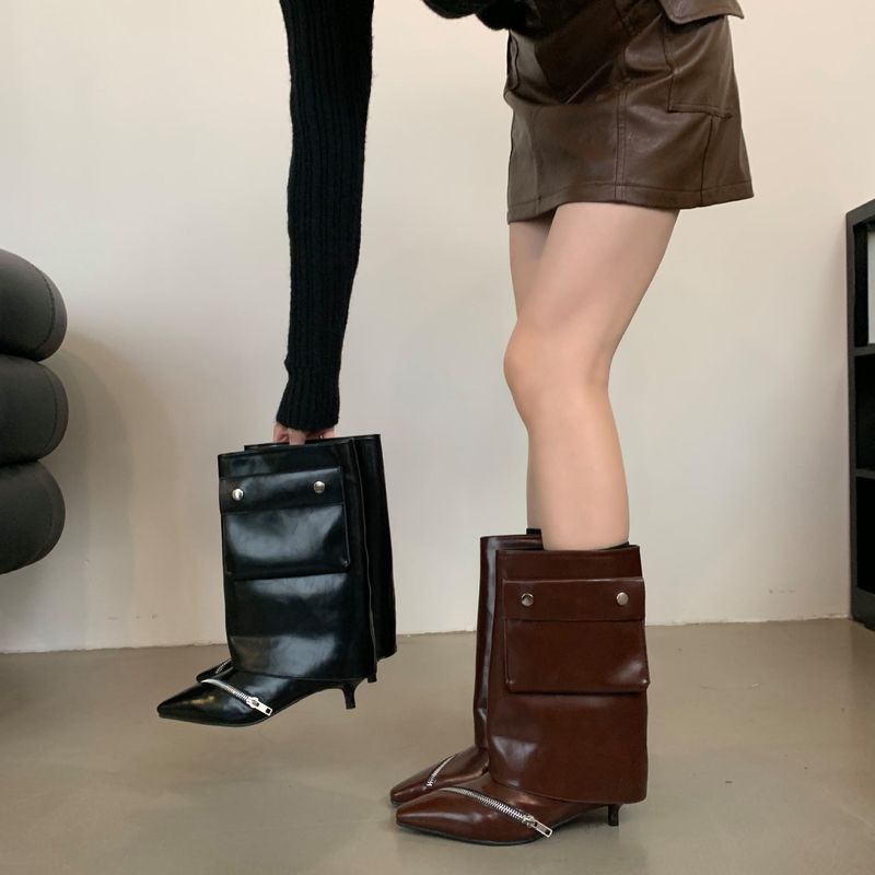 Einzigartiges Design Spitzschuh High Heel Kurzer Stil Individuelle Handtaschendekoration Hot Girl High-Top Slim One-Step Damenstiefel_voghion.com