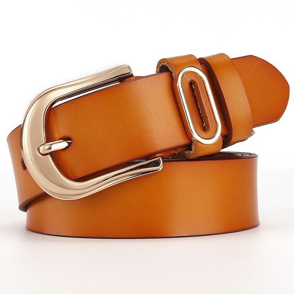 Cintura da donna in vera pelle con fibbia ad ardiglione dorata, cintura in pelle di mucca, cintura piatta, versatile e casual_voghion.com