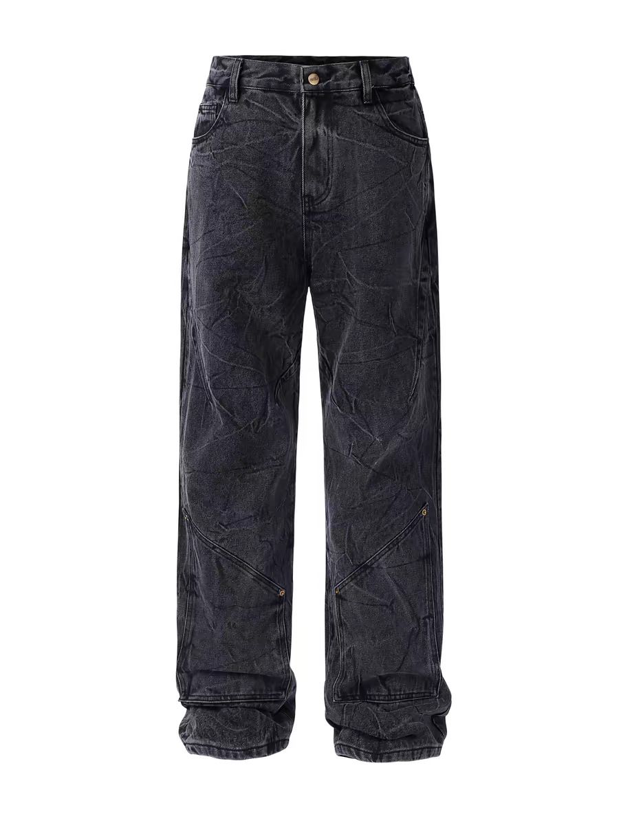 Vintage Snow Wash Denim Jeans For Men - Distressed Ripple Fold Straight Leg Cleanfit Style Comfortable Cotton Casual Pants_voghion.com