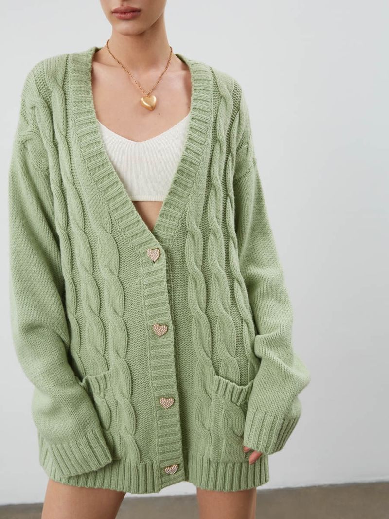2024 Autumn/Winter New Sweater Lazy Style Loose Medium to Long Knitted Cardigan Coat Women's Love Button_voghion.com