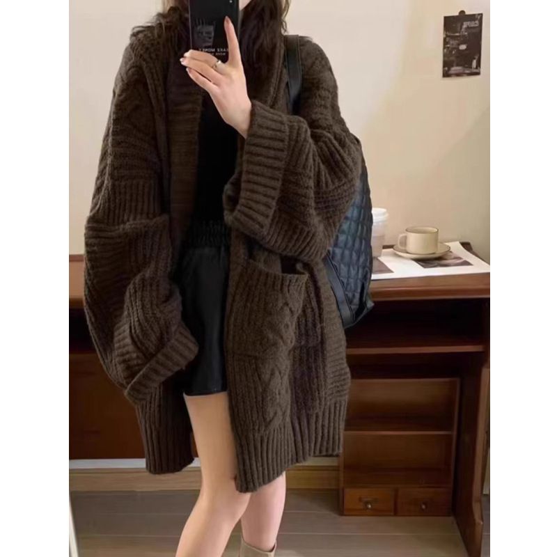 Cardigan giacca maglione lungo e spesso in maglia stile coreano pigro 2024 autunno inverno caldo e appiccicoso per donna_voghion.com