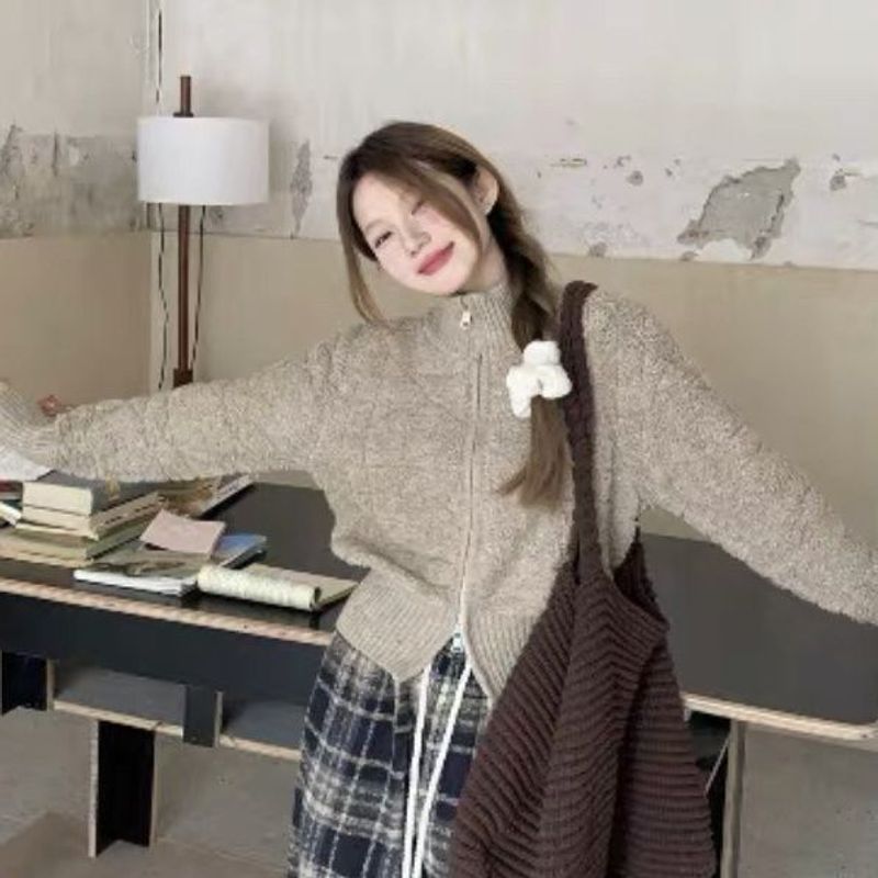 【 Cashmere Family】 Dámský vlněný kardigan se stojáčkem a zipem, volný a silný pletený svetr, svrchní svetr_voghion.com