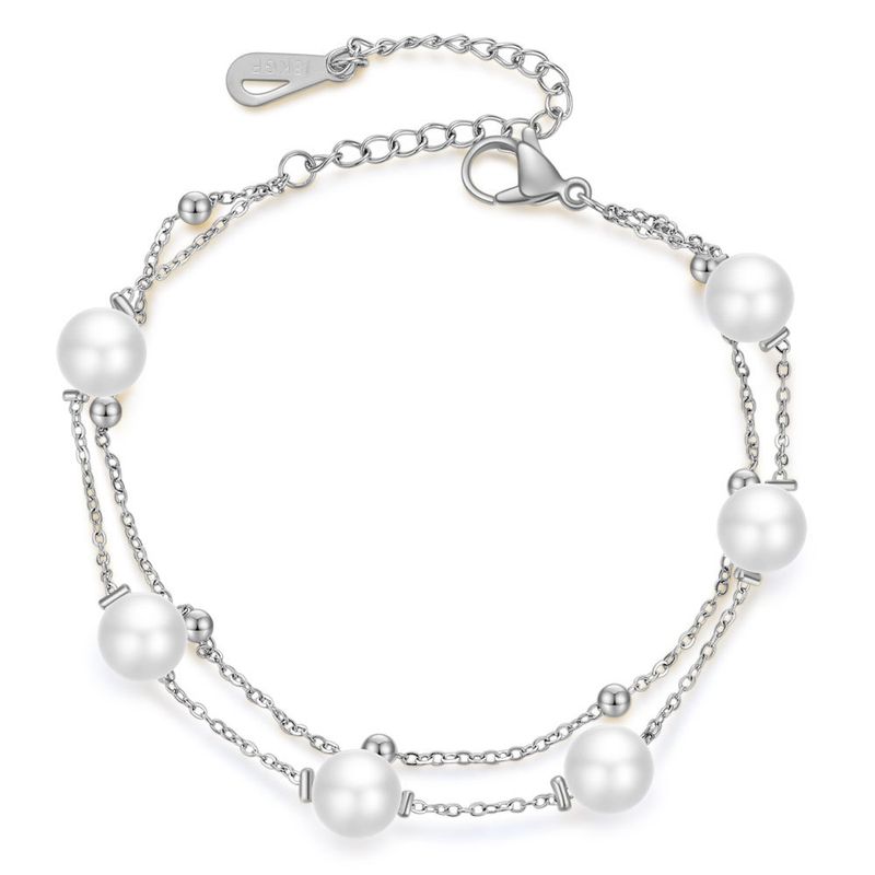 Pulsera de acero inoxidable de titanio con personalidad creativa y perla de doble capa versátil para mujer, fresca y sencilla._voghion.com