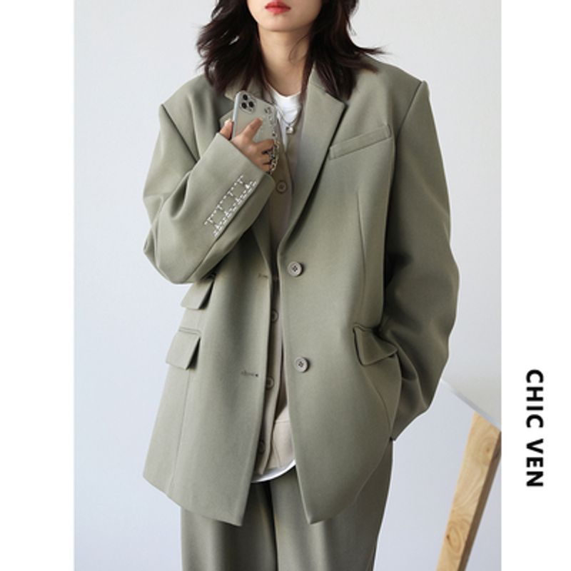 CHICVEN  Women Office Lady Blazer Cuff Embroidery Wide Shoulder Twill Suit Women's Autumn Ladies Outerwear  Stylish Tops_voghion.com