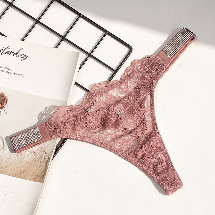 Sexy Lace Thong Underwear For Women - Rhinestone Embellished Low-Rise T-Back Panties With Cotton Gusset, Breathable & Comfortable, Multiple Colors_voghion.com