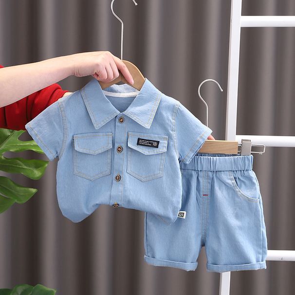 New denim cool children's clothing baby loose short sleeved shorts comfortable printing two-piece set_voghion.com