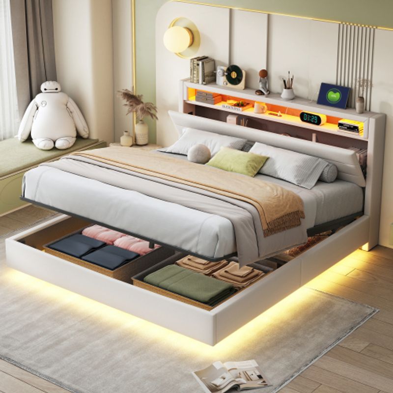 Polsterbett 160x200 Cm, Hydraulisches Schwebender Bettrahmen Mit Stauraum, Multifunktionales Polsterbett Mit USB-Steckdose Und LED-Licht, Wendekopfteil, Leinen Beige_voghion.com