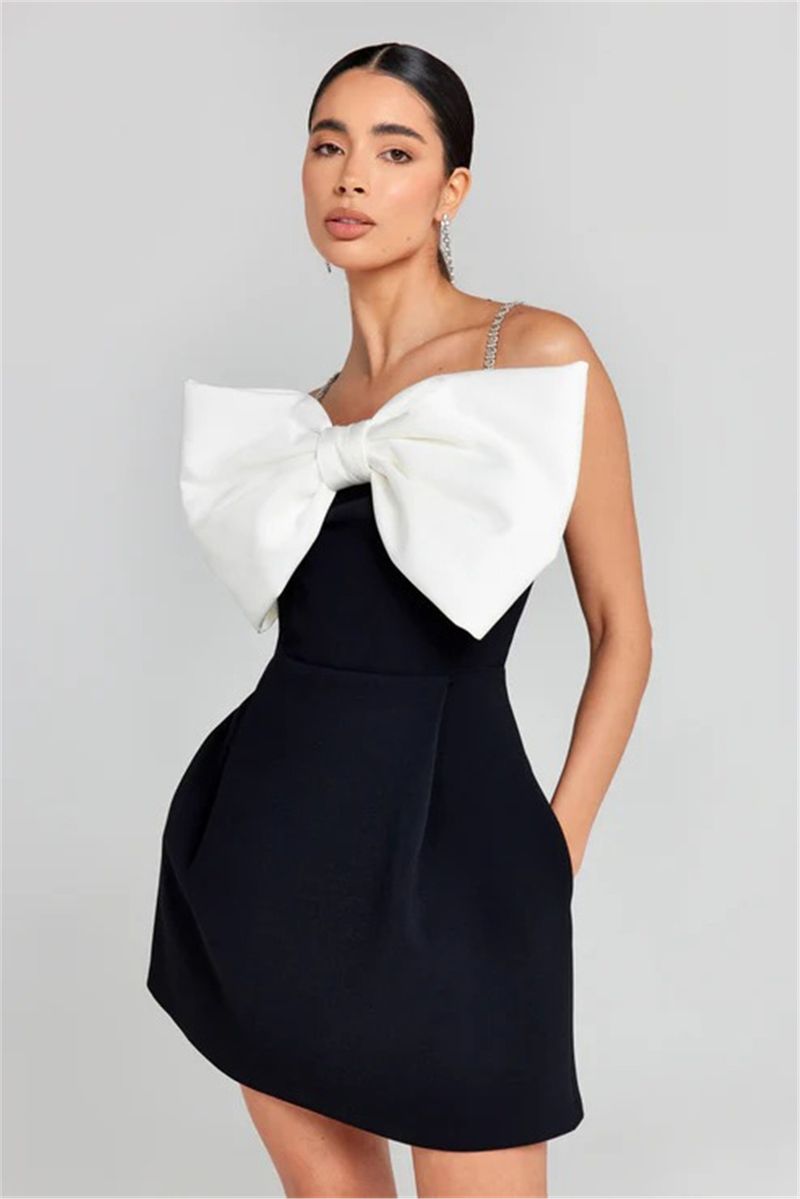Neues Kleid mit schwarzen und weißen Kontraststreifen und großer Schleife in der Taille_voghion.com