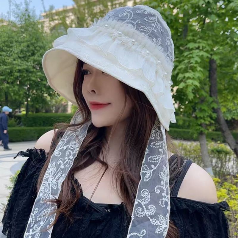 Chapeau bob en dentelle avec bord en feuille de lotus, protection solaire en dentelle, bord champignon, protection UV polyvalente, été, gaz étranger_voghion.com