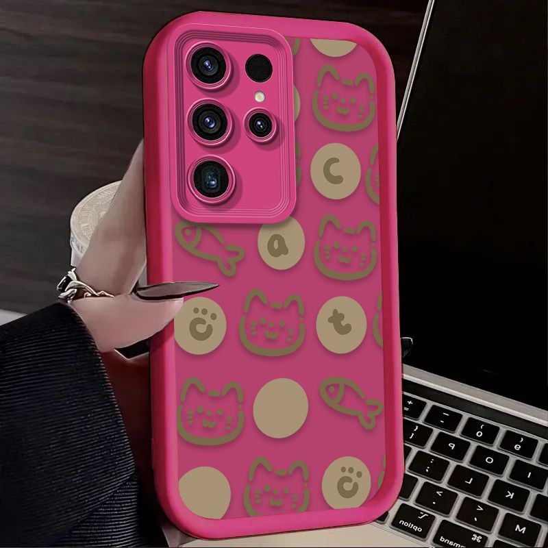 Cute Line Cat Fish Phone Case For Samsung Galaxy S24 S23 S25 Ultra S22 S21 Plus FE 5G A54 A34 A14 A73 A53 A33 5G Soft Back Cover_voghion.com