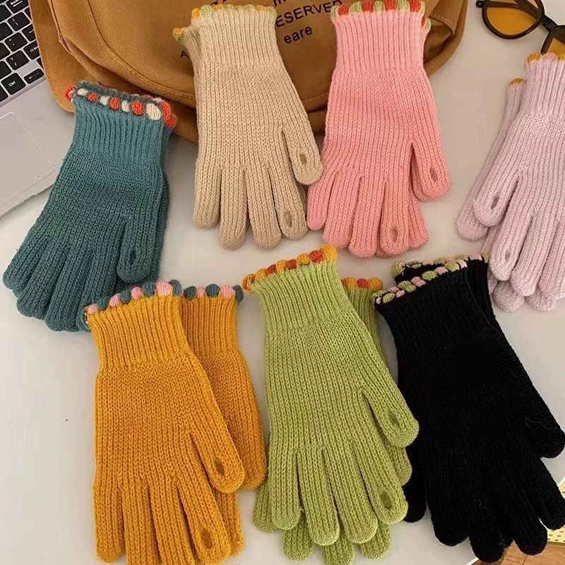 Dopamin Jelly Beans Strickhandschuhe Herbst und Winter warme winddichte Fingerhandschuhe Damenfinger können den Bildschirm berühren_voghion.com