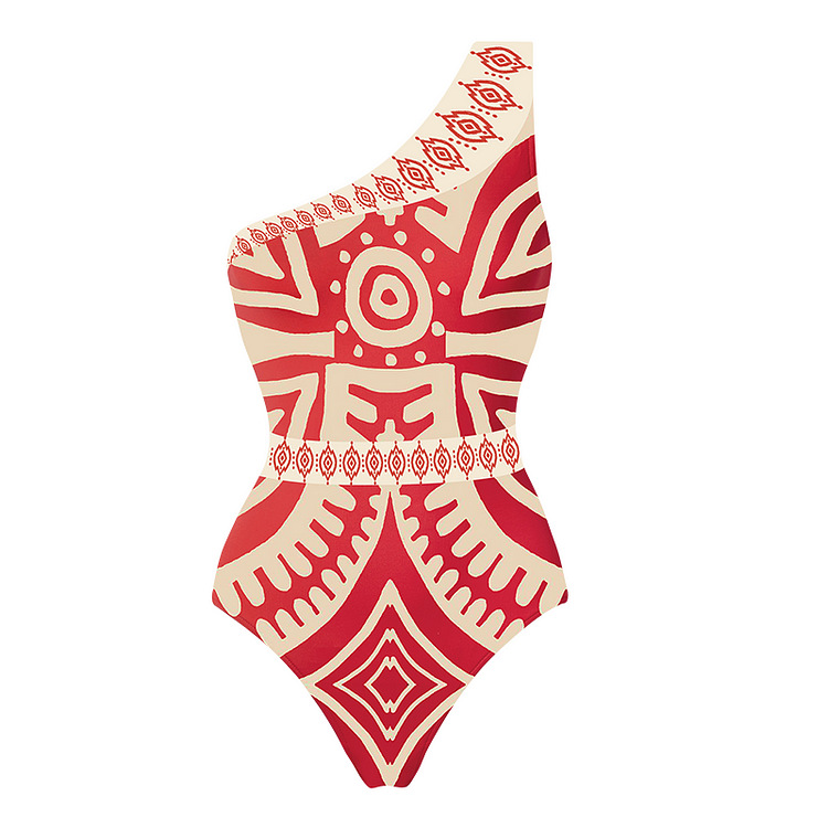 Maillot de bain une pièce imprimé, asymétrique épaule dénudée, style ethnique, pour femmes, vêtements de plage, vacances, nouvelle collection 2024_voghion.com