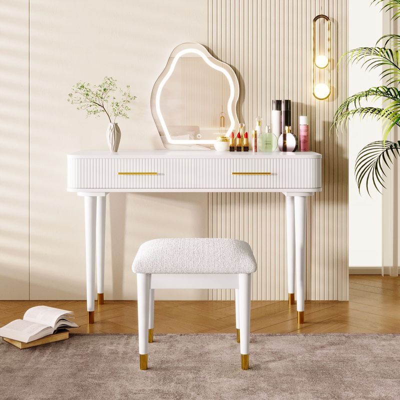 40" Modern Vanity Table Set With Mirror Touch Screen Lighted Mirror, Dressing Table And Cushioned Stool Set With 2 Large Drawers, White_voghion.com