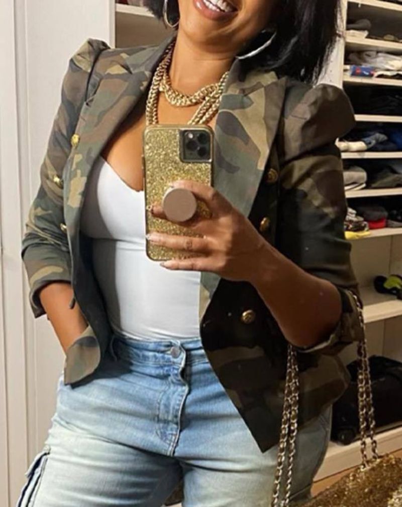 fashion woman blazer 2022 Elegant Camouflage Print Puff Sleeve Double Breasted Blazer jackets coat fall outfits women_voghion.com