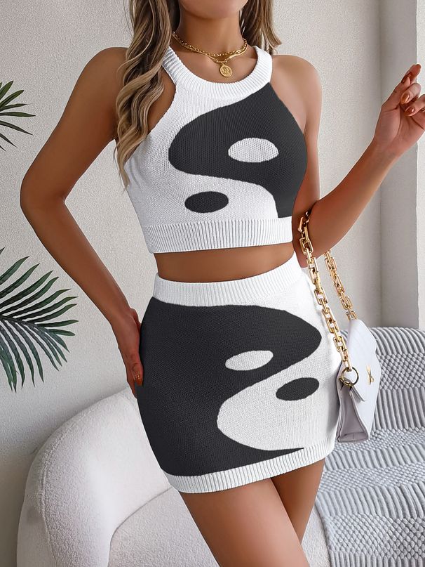 2025 Spring Summer Color Block Crop Top Bodycon Skirt Knit Set Women's Fashion_voghion.com