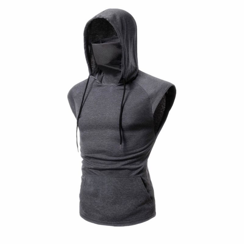 Men's Hooded Face Mask Workout T-Shirt - Breathable Sleeveless Gym Vest For Running, Training & Outdoor Sports (Black, Blue, Wine Red, Grey) S-XXL_voghion.com