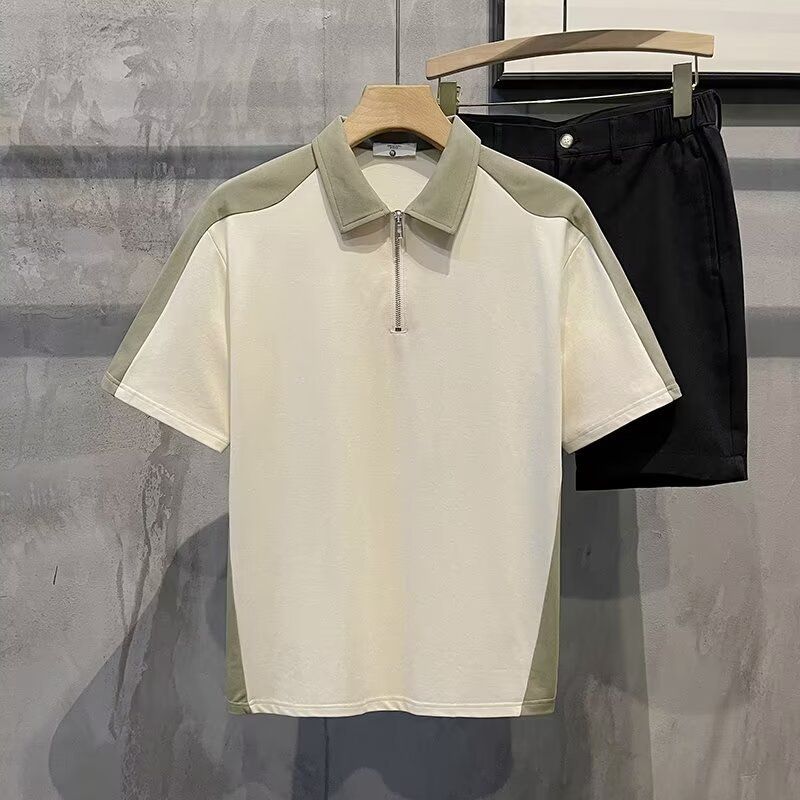 Herrenbekleidung Neue farblich passende lockere Kurzarm-Oberteile mit halbem Reißverschluss für den Sommer, lässige Poloshirts_voghion.com