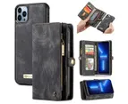 CaseMe para 13 Pro Max com zíper e bolsa de couro retrô removível, carteira, bolsa tipo carteira, capa de celular removível (preta)_voghion.com