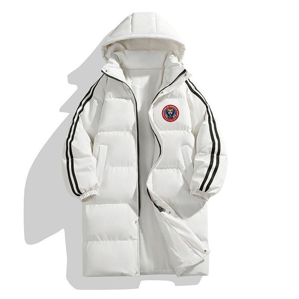 Casaco masculino de inverno com etiqueta redonda, grosso, emborrachado e com enchimento de plumas, modelo longo coreano, corte slim, com capuz e confeccionado em algodão grosso._voghion.com
