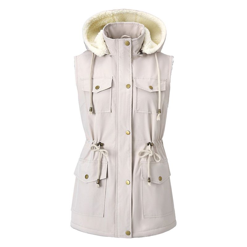​​Damen-Weste mit Kapuze – Lammfellimitat, Multi-Pocket-Design, warm gefüttert für Herbst & Winter (Camel/Schwarz/Weiß)​​_voghion.com