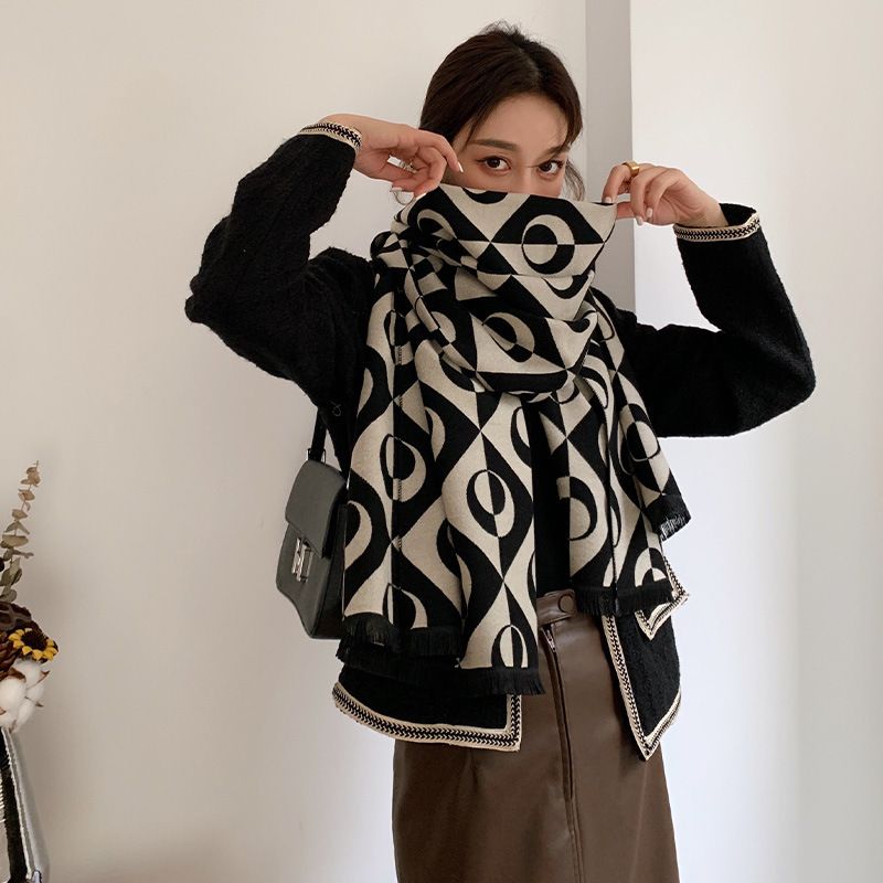 Tørklæde Kvinders Vinter Alsidig Imitation Cashmere Dobbeltsidet Geometrisk Bogstav Fortykket Varm Nordisk Stil Kold og_voghion.com
