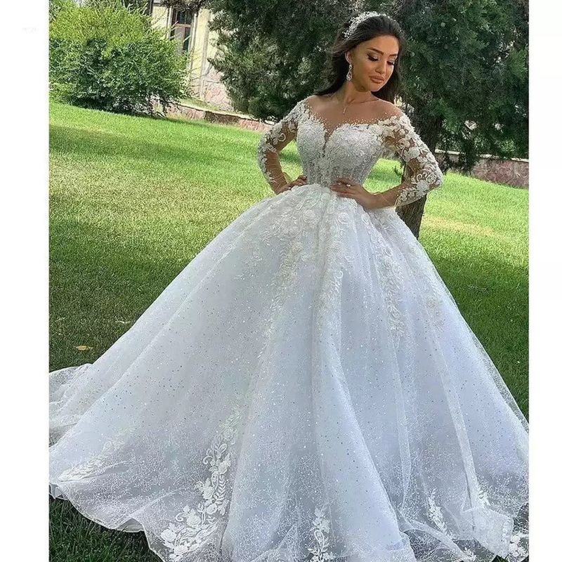 Roupas femininas Vestido de noiva sem costas emagrecimento mangas compridas_voghion.com