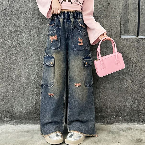 Spring Pink Ripped Raw Edge Jeans Camel Hair Princess Trousers New Children's Miscellaneous European And American Jeans_voghion.com