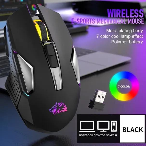 Mouse da gioco wireless X18 ricaricabile con sensore ottico retroilluminato RGB arcobaleno e mouse da gioco ergonomici a 3 DPI per Windows Mac_voghion.com