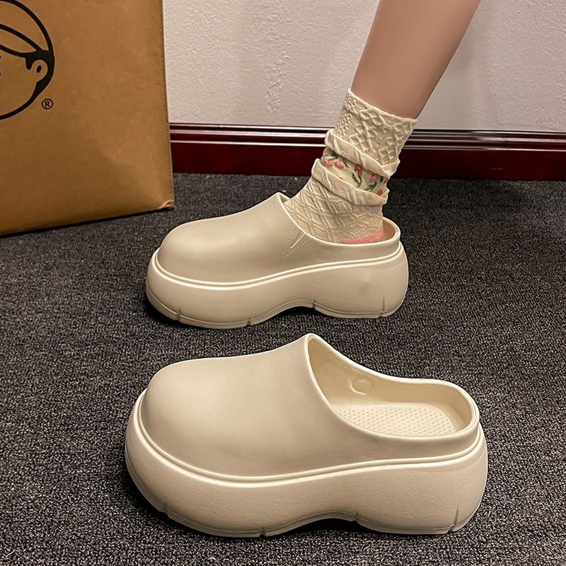 Super Popular Black Non Slip Height Enhancing Thick Soled Slippers For Women For Summer Outdoor Wear High Heeled Half Supported Closed Toe Slippers_voghion.com