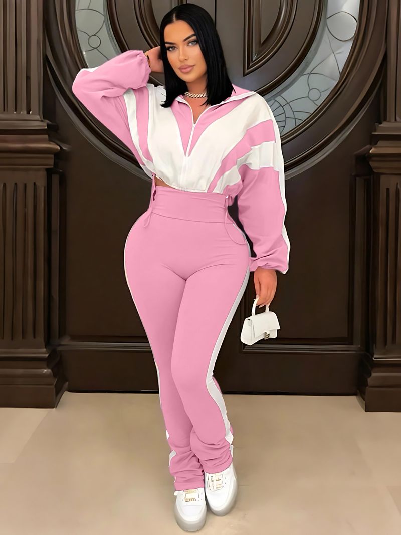 Women's Color Block Tracksuit Set - High Waist Lounge Pants + Zip Hoodie | Streetwear Outfit | Stretchy Polyester Blend | S-XXL​_voghion.com