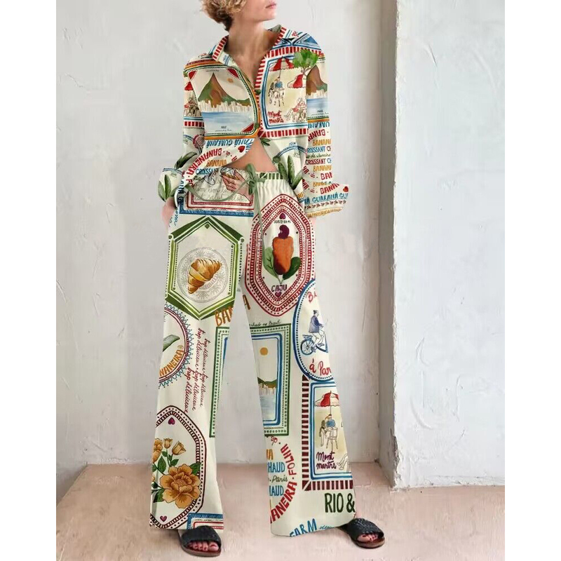 Costume ample imprimé à lacets pour femmes, nouveau style, manches longues, INS décontracté, mode, ensemble deux pièces pour femmes, automne et hiver_voghion.com