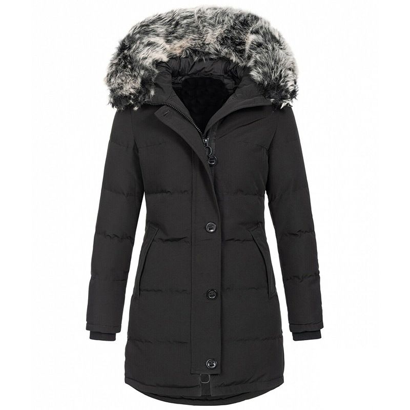 Damenbekleidung, Wintermantel mit Kapuze, langen Ärmeln, Reißverschluss und Kunstpelzbesatz, mittellange, warme Pufferjacke für kaltes Wetter (verfügbare Farben und Größen)​_voghion.com
