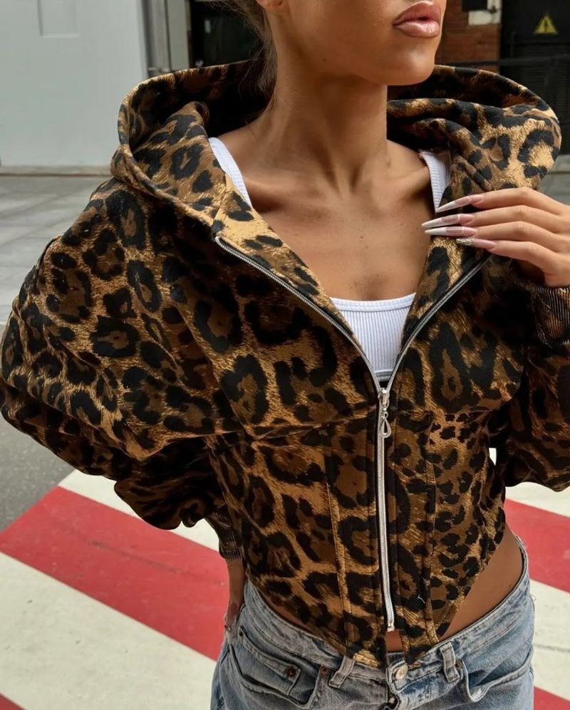 Damenbekleidung Herbst Leopardenmuster Reißverschluss Mit Kapuze Langarm Spleißen Unregelmäßiger Bund Design Street Fashion Pullover Strickjacke_voghion.com