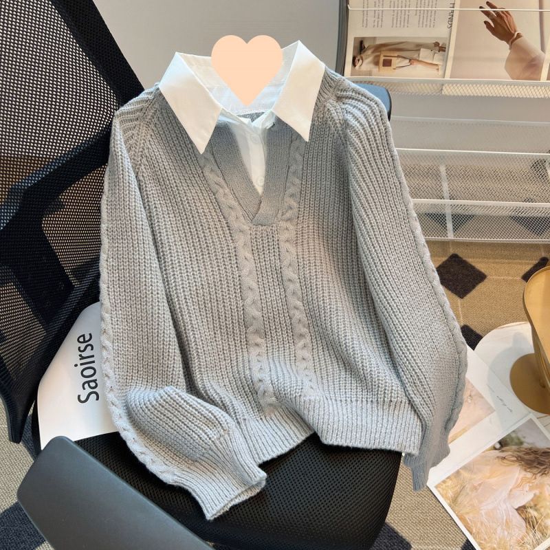 Pull en maille torsadée d'inspiration française – Pull patchwork deux pièces pour femme_voghion.com